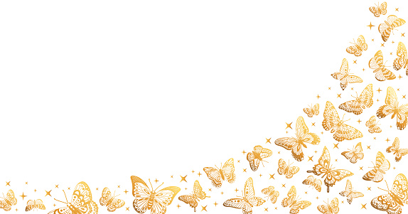 Cartoon golden butterflies poster. Gorgeous flying butterfly pattern, shiny exotic moths flat vector background illustration