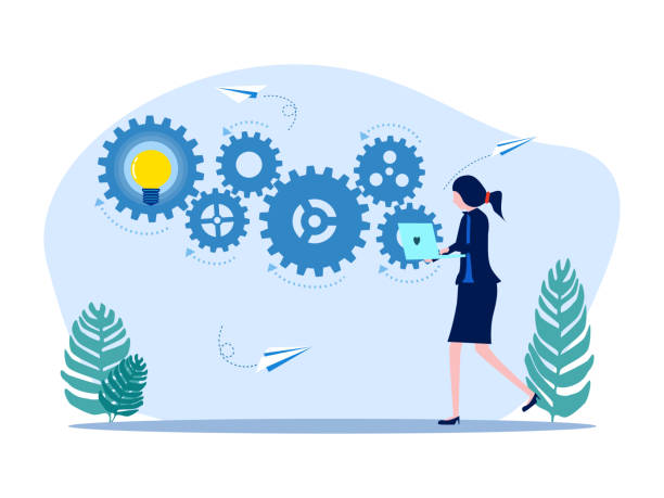 istock Businesswoman driving mechanical gear with laptop. Implementation of the process. Efficient work system control concept 1470682490