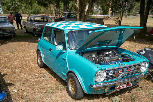 A Turquoise Mini Minor with checkered roof at Tongala Show and Shine Victoria Australia