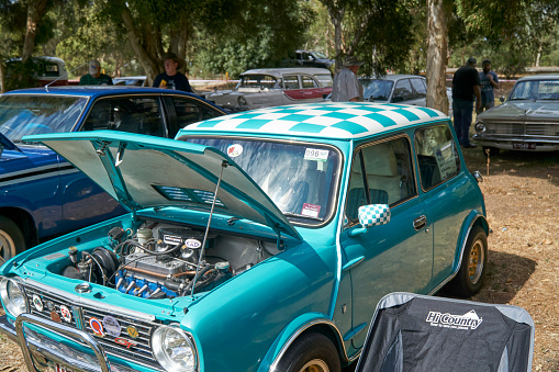 A Turquoise Mini Minor with checkered roof at Tongala Show and Shine Victoria Australia