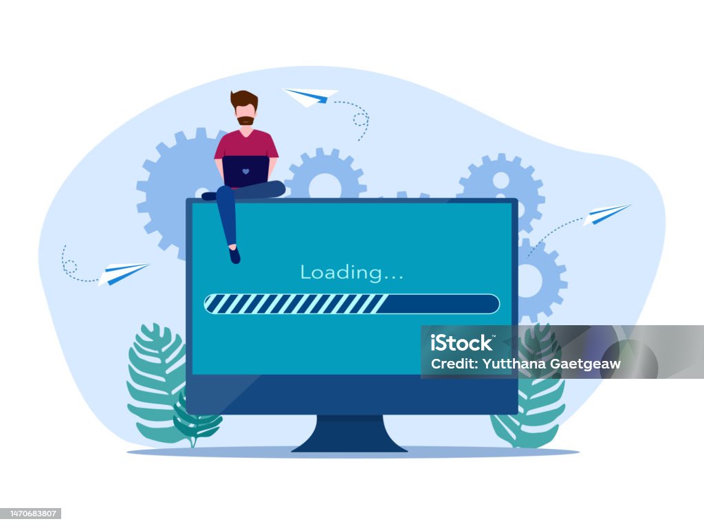 Man Working With Laptop With Data Loading Bar Online Data Loading ...