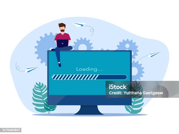 Man Working With Laptop With Data Loading Bar Online Data Loading ...