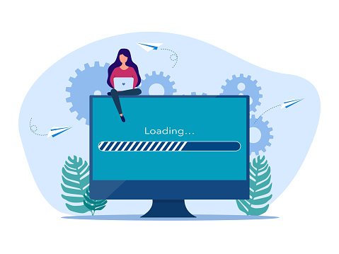 Data Loading Message Woman Working With Laptop With Data Loading Bar Online Data Loading ...