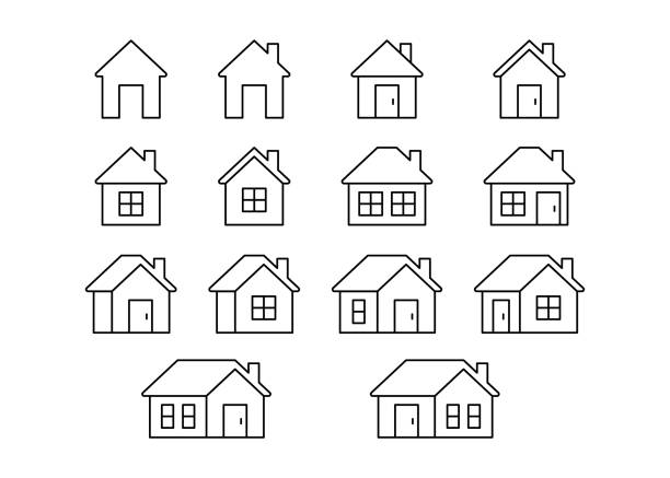 家、家の建物、線のアイコンセット。家の正面図、不動産、不動産、住宅ローンとローン用の住宅用コテージ、ホームページ。編集可能なストロークのアウトライン記号。ベクターイラスト - door facade house front view点のイラスト素材／クリップアート素材／マンガ素材／アイコン素材