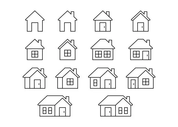 Vector illustration of Home, house building, line icon set. House front view, property, real estate, residential cottage for mortgage and loan, homepage. Editable Stroke outline sign. Vector illustration