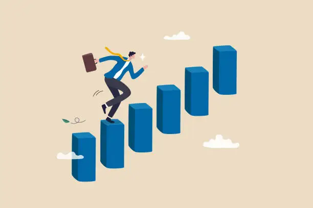 Vector illustration of Career advancement, development or business growth, progress to more responsibility, salary or job promotion, improvement opportunity concept, success businessman step up growing bar graph stairs.