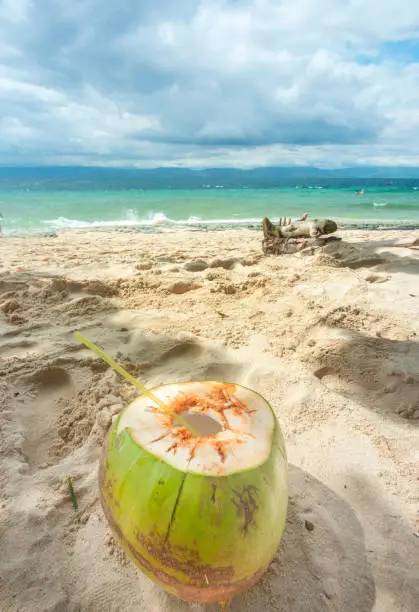 Freshly opened for drinking healthy coconut water. In the shade on a lazy tropical beach in the Philppines islands,with white,fine sand,clear blue sea,palm trees,clean,un-polluted,serene,idyllic and relaxing.
