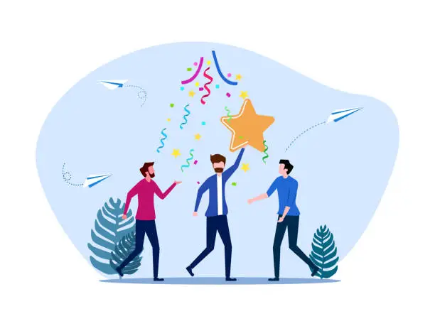 Vector illustration of Successful businessman holding star with congratulating colleague. business concept vector