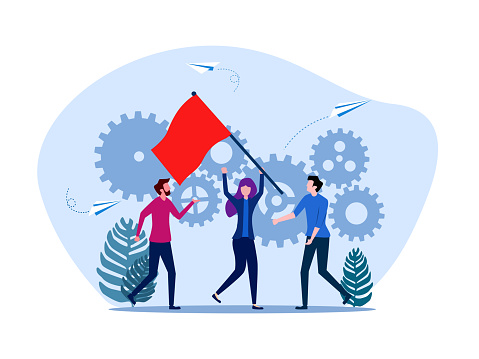 Successful businesswoman leader holding flag showing. business concept vector illustration