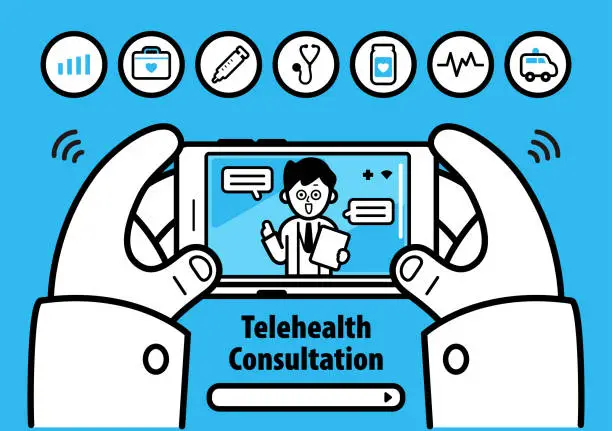 Vector illustration of Having a Telemedicine or Telehealth Consultation with a healthcare provider by smartphone or video call