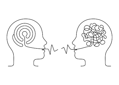 People talk, misunderstanding conversation and speech outline. Tangle confused and untangle logic thinking brain. Psychotherapy communication. Conversation two person, speak. Vector line