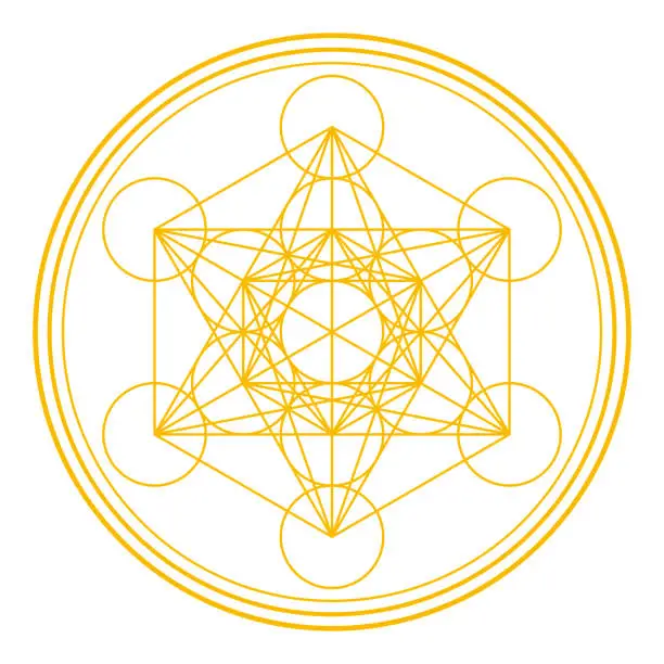 Vector illustration of Golden Metatrons Cube, mystical symbol, derived from the Flower of Life