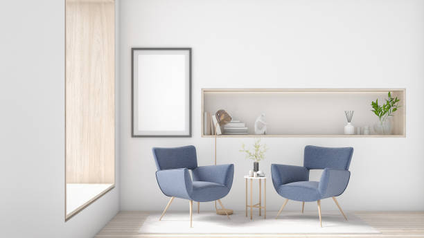 istock Cream white luxury living room wall poster frame mockup Modern minimalist interior design decoration style. Artwork concept mockup in interior design. 3D rendering, 3D illustration. 1470687778