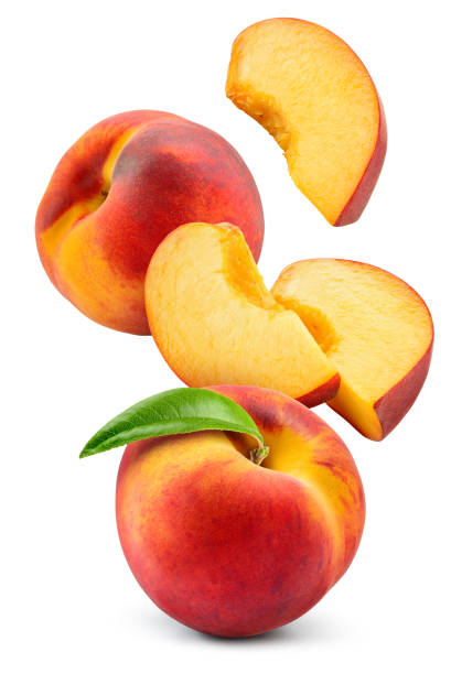 istock Peach isolated. Whole peach flying with a slice on white background. Falling peach fruit with leaf and cut pieces. Full depth of field. 1470688035