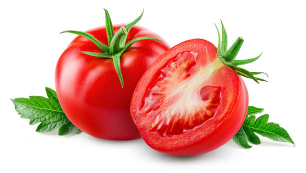 istock Tomato isolated. Tomatoes with leaf on white background. Tomato and a half side view composition. Full depth of field. 1470688109