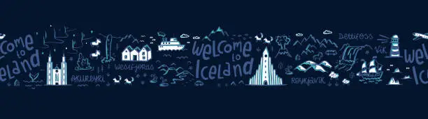 Vector illustration of Hand drawn travel illustration with icelandic landscape, animals, architecture and natural sights, great for postcards, banners, prints - vector design