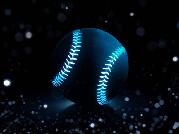 istock 3D rendering of single black baseball ball with blue glowing neon lines with abstract lights 1470689407