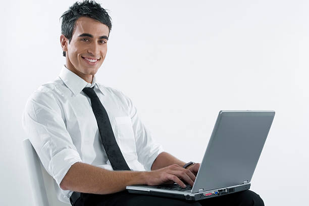 happy man with computer stock photo