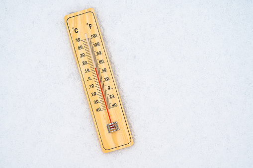 Thermometer in the snow. Winter, wave of frost, snowfall.