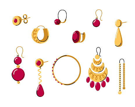 Women different earrings types collection. Gold jewelry with red gems. Hand made and craft jewelry concept. Doodle hand drawn vecror illustration set.