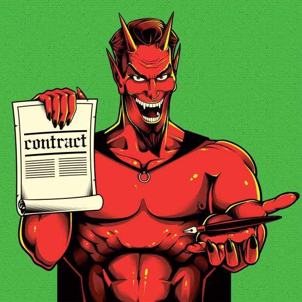 Devil with contract suggesting a deal Devil character smiling while holding contract and pen agent nasty stock illustrations