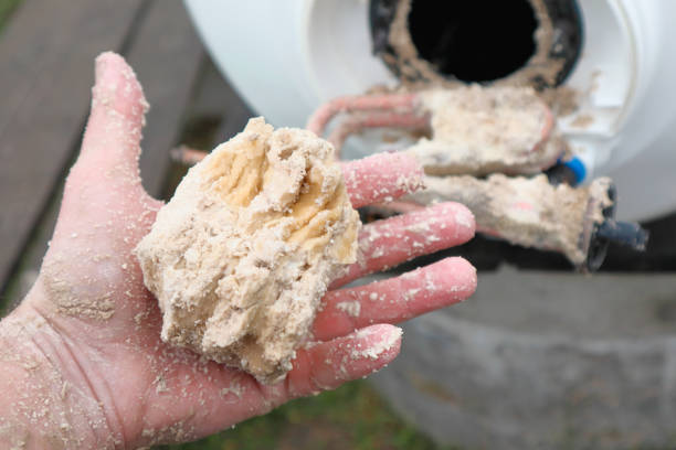 kalziumablagerungen sind harte mineralvorkommen, die sich oft aufgrund von hartem wasser an ihren heizelementen des warmwasserbereiters festhalten. elektrische warmwasserbereiter wartung und reparatur - sedimente stock-fotos und bilder