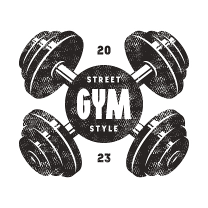 Gym club typographic emblem for sticker and t-shirt. Graphic design with retro texture. Black print on white background