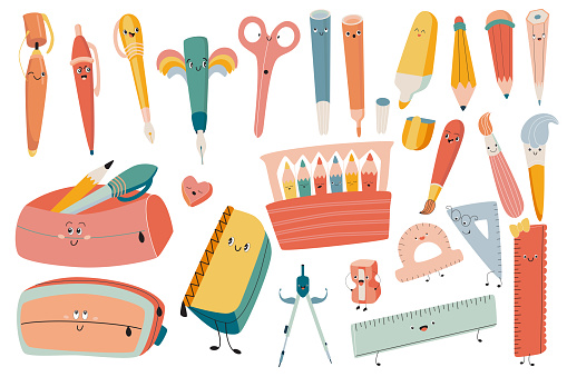 Set of Cute School Supplies - pens, pencils, scissors, markers, pencil case, brush, protractor, sharpener, ruler and triangle. Vector, kawaii