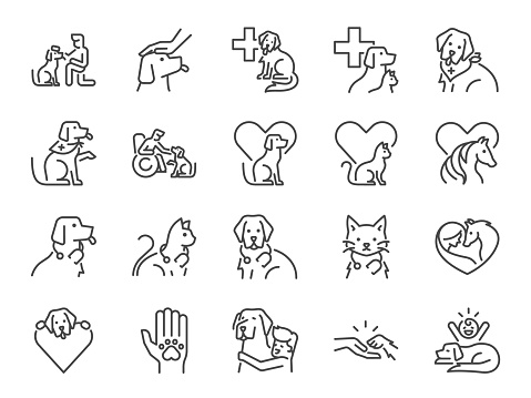 Pet therapy icon set. It included icons such as animal assisted, mental, health, medical, rescue dog, clinic, and more.