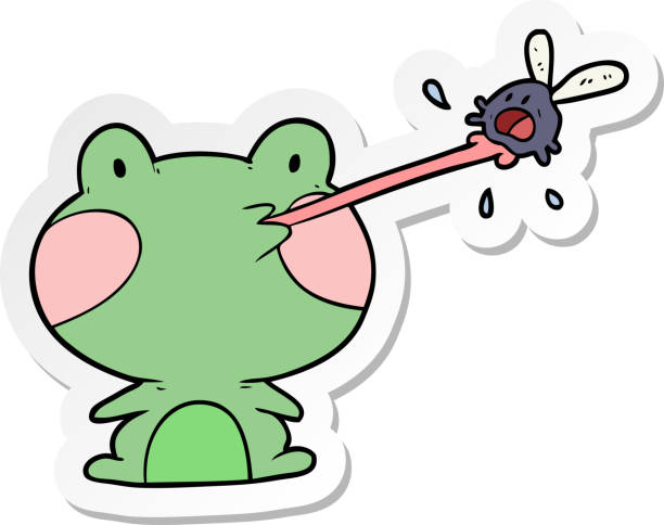 illustrations, cliparts, dessins animés et icônes de autocollant d’une grenouille de dessin animé attrapant une mouche - frog animal tongue animal eating