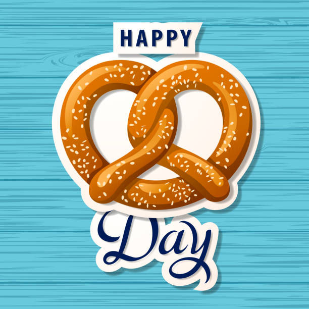 Happy Pretzel Day Celebrate National Pretzel Day with salty pretzel on the blue wood pattern pretzel stock illustrations