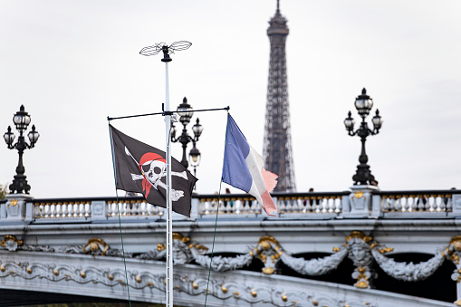 French flags with Eiffel Tower in background