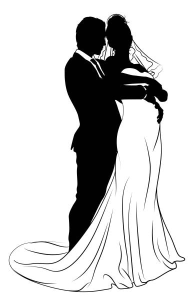 ilustraciones, imágenes clip art, dibujos animados e iconos de stock de novia y novio pareja vestido de novia siluetas - dancing women wedding reception men