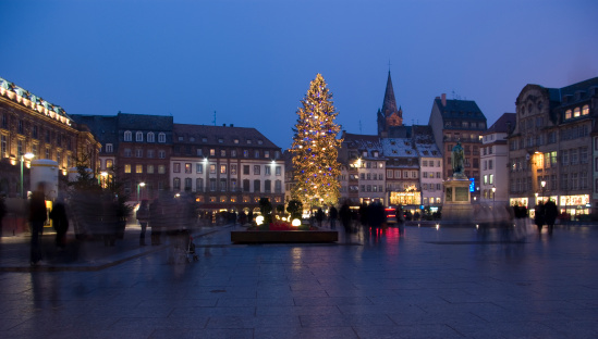 Night ambience on a central square in Strasbourg during the Christmas holiday.