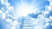 Stairway to Heaven.Stairs in sky.  Concept with sun and clouds.  Religion  background with copy space.