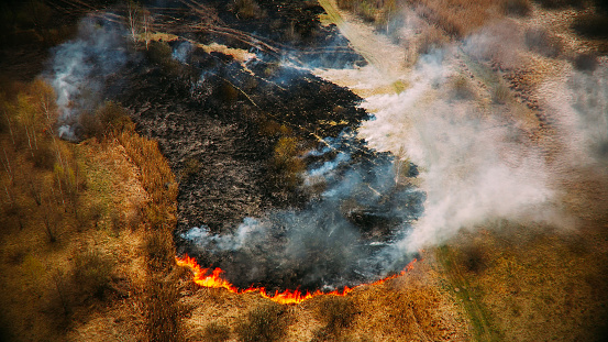 Static Shot Elevated Aerial Drought Bush Fire And Smoke. Wild Open Fire Destroys Grass. Ecological Problem Air Pollution. Aerial View Spring Dry Grass Burn Burns During Drought Hot Weather.