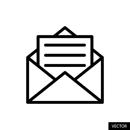 Open envelope, email invitation, read mail, newsletter, letter vector icon in line style design for website, app, UI, isolated on white background. Editable stroke. EPS 10 vector illustration.