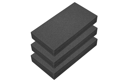 Three polyethylene dark gray lodgings, foam boards isolated on white background.