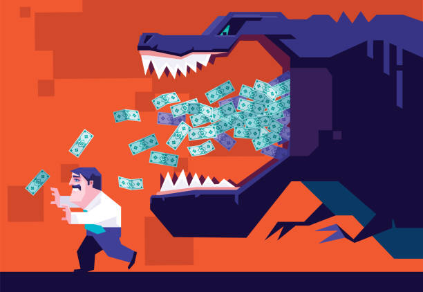 ilustraciones, imágenes clip art, dibujos animados e iconos de stock de dinosaurio escupiendo billetes de dinero mientras un hombre de negocios busca - greed currency running business