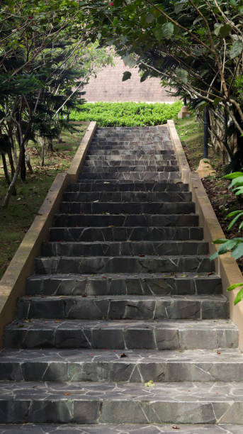 istock Outdoor stair step with natural stone with some tree at the side. 1470704871