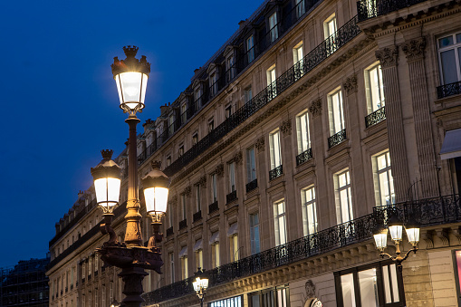 Illuminated buildings at night in the 9th arrondissement of Paris