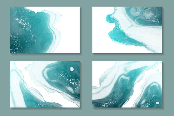 ilustrações, clipart, desenhos animados e ícones de fundos de aquarela com ondas de tinta de teal abstratas e respingos de prata. - turquoise sea backgrounds drink