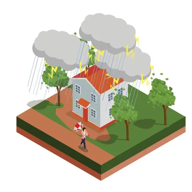 Vector illustration of A woman holding an umbrella in storm 3d isometric