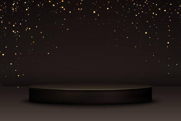 istock Vector banner with falling shiny confetti and round 3d podium. Winners stage, pedestal. First place. Place for text. Sale, discount poster. 1470708781