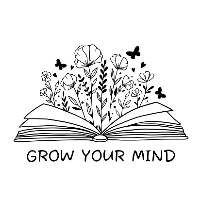 Grow Your Mind. Book with flowers and butterflies. Floral book. Opened book and wildflowers. Reading books lovers. Outline drawing. Line vector illustration. Isolated on white background.