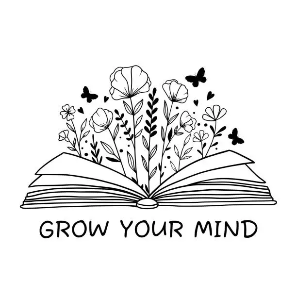 Vector illustration of Grow Your Mind. Book with flowers and butterflies. Floral book. Opened book and wildflowers. Reading books lovers. Outline drawing. Line vector illustration. Isolated on white background.