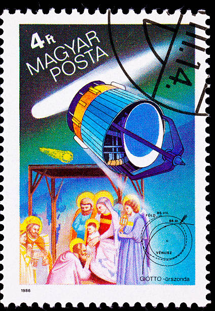 венгерский почтовая марка giotto аппаратов halley's комета, adoration wisemen magi - virgin orbit стоковые фото и изображения