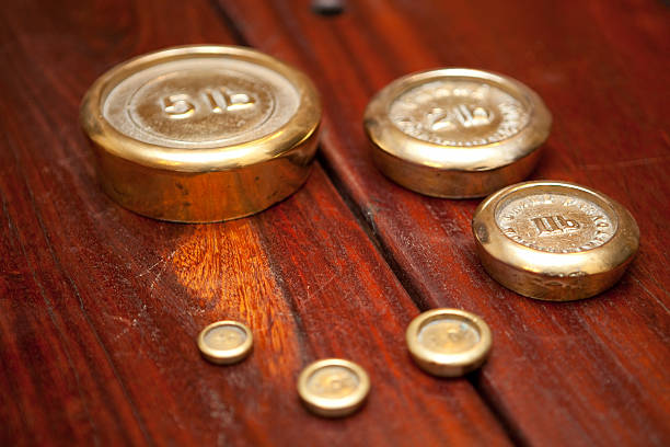 Wooden Table and weights stock photo