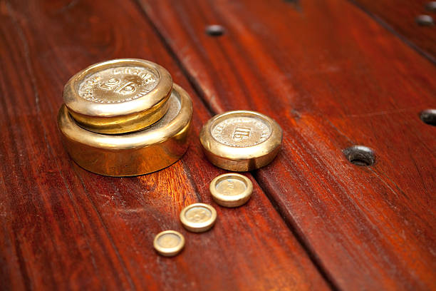 Wooden Table and weights stock photo