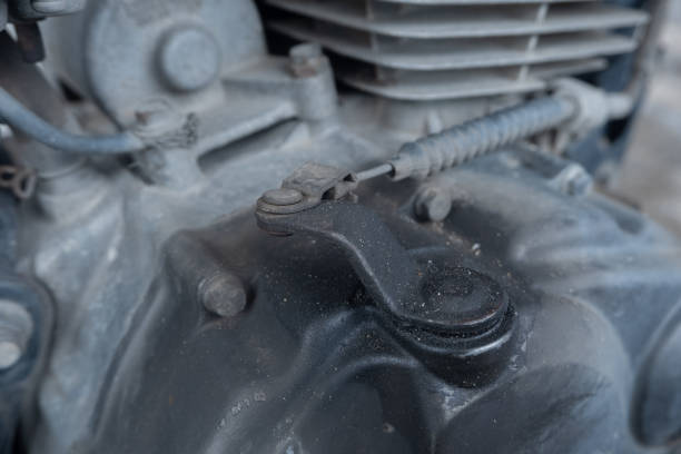 istock selective focus to old and dirty clutch sling of motorcycle engine, soft focus 1470710889